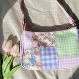 Ciing Retro Sweet Women's Hobos Shoulder Bags Stitching Floral Plaid Cool Girls Tote Purse Handbags Vintage Female Summer Underarm Bag